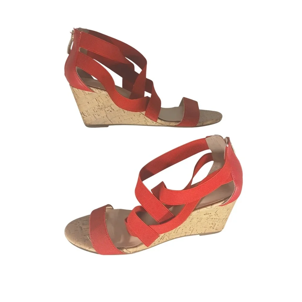 Liz Claiborne Womens Red Strappy Elastic Cork‎ Wedge Sandals Size 8M Back Zip